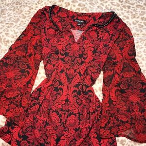 ROZ & ALI Womens Red Black Floral Bell Sleeve Beaded Neck V Neck Top XS